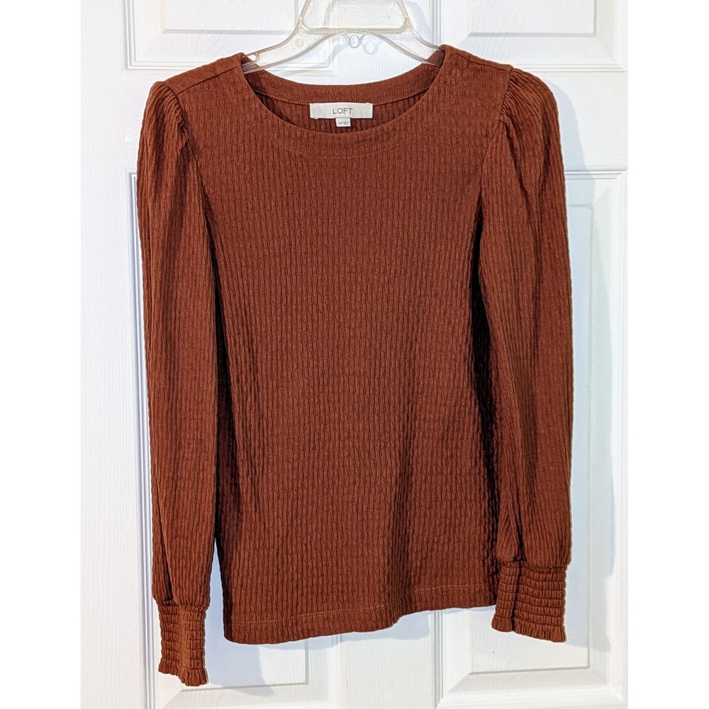 LOFT Ribbed Puff Sleeve Long Sleeve Top Rust Orange XS Women's NWOT